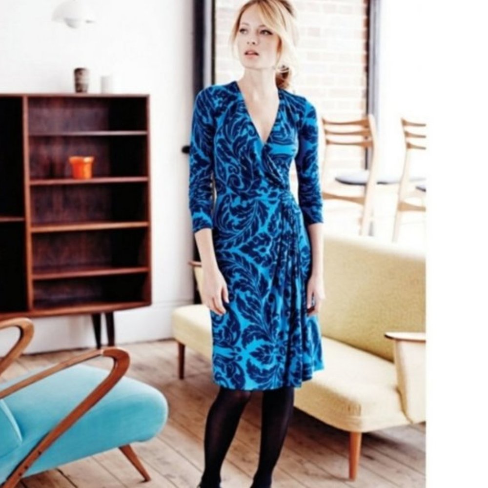 Boden Henrietta Faux Wrap Blue Dress Comfortable knit size 4